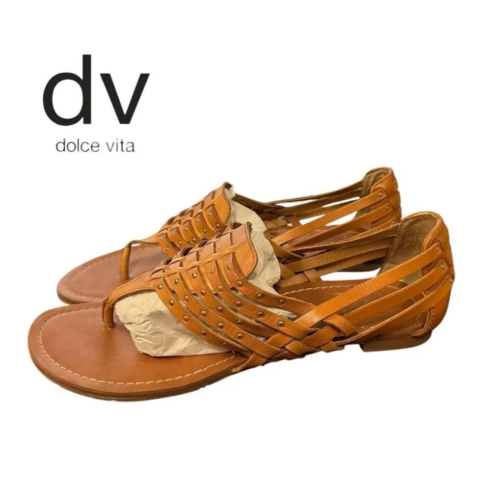 DV Dolce Vita Women's Tan Slip-on Silver Studded Thong Sandals 8.5